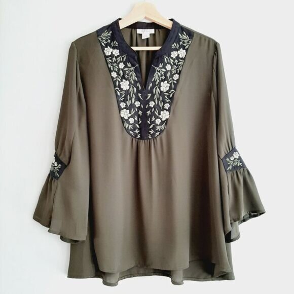 STYLE & CO Boho Peasant Blouse Floral Embroidered Flowy Bell Sleeve Sz L - Picture 2 of 15